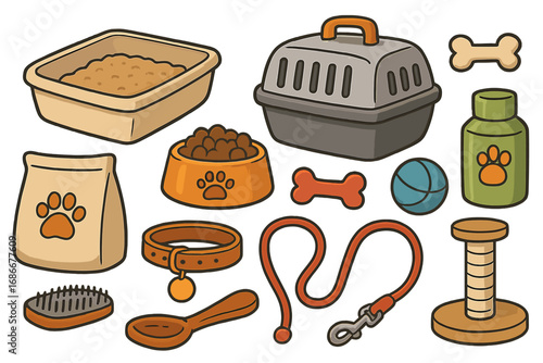 Pet shop accessories set. Vector cartoon collection of dog and cat supplies. Food, collar, leash, carrier, toys, litter box. Animal care equipment icons for vet clinic.
