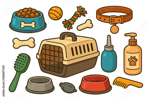 Pet shop accessories and supplies set for animal care. Dog and cat equipment collection with food bowl, collar, carrier, toys, and grooming tools. Vet vector cartoon icons.