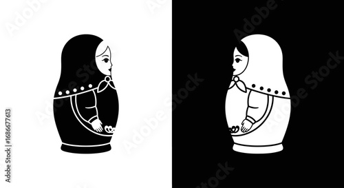 A traditional Russian Matryoshka nesting doll, a black and white icon symbolizing Russian culture, folk art, and souvenirs.