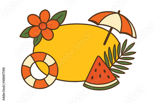 Summer frame with retro groovy 70s vibes. Vector cartoon illustration for beach party banner. Holiday concept with umbrella, watermelon, lifebuoy and tropical flower.