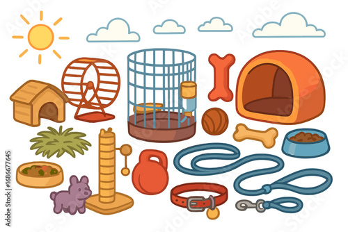 Pet care supplies, animal accessories collection. Vector cartoon set for pet shop. Includes dog house, bed, leash, food, toys. Hamster cage, wheel. Cat scratching post.