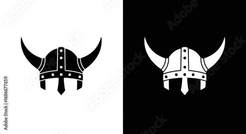 A horned Viking helmet, a black and white split icon representing Norse history, Scandinavian culture, and medieval warriors.