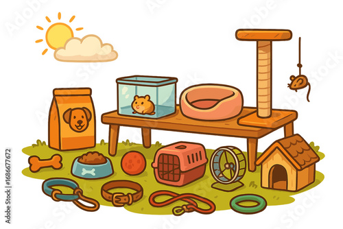 Pet supplies and accessories set. Vector cartoon illustration of dog, cat, hamster care items. Pet shop collection with food, toys, collar, leash, kennel, carrier, bed.