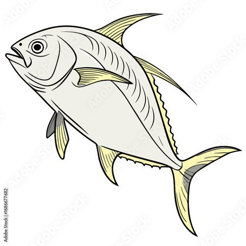 Sleek marine fish illustration swimming dynamically on a pure white background, showcasing its clean lines and aquatic grace