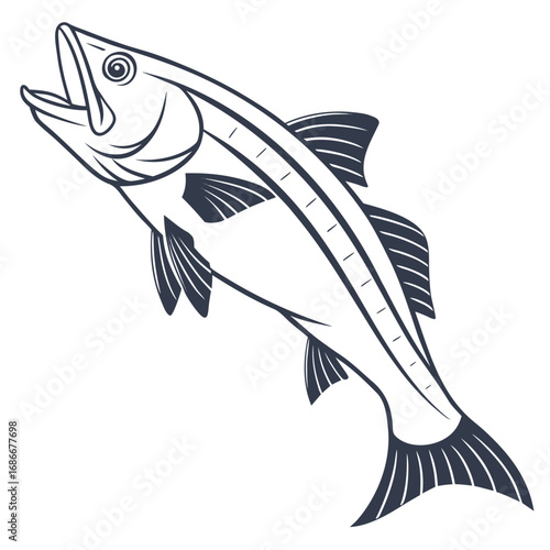 A clean monochrome line art illustration of a jumping barramundi fish, an ideal graphic for a fishing tournament logo or seafood restaurant emblem