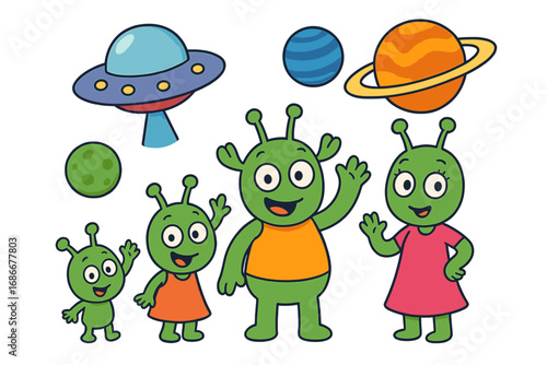 Cute cartoon alien family with children, UFO, and planets. Vector illustration set for kids. Friendly space characters, monsters, and spaceship isolated on white background.