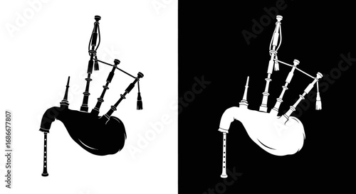 A set of Scottish bagpipes, a black and white split icon representing Scottish culture, traditional music, and the Highlands.