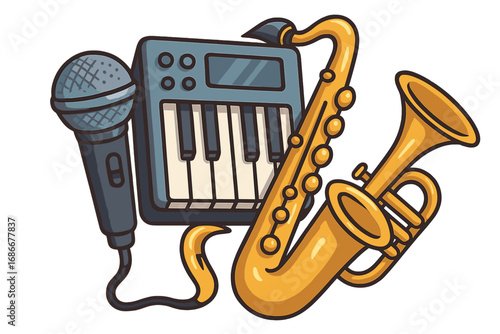 Vector cartoon illustration of musical instruments including microphone, electronic keyboard, saxophone, trumpet in creative arrangement for music concept and entertainment