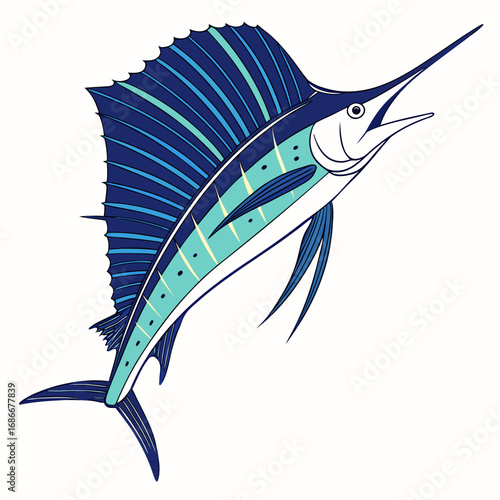 Dynamic blue marlin fish illustration. Graceful long body with prominent sailfin. Isolated on white background, perfect for aquatic and sport fishing themes