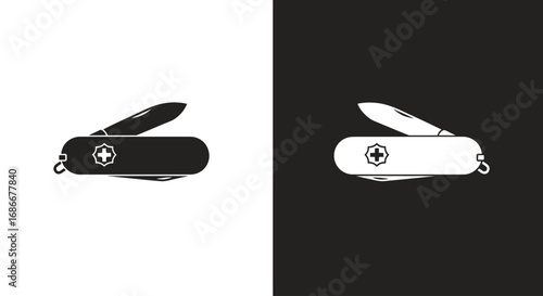 An outline style of a Swiss Army knife, a modern icon for outdoor adventure brands, travel blogs, and versatile tools.