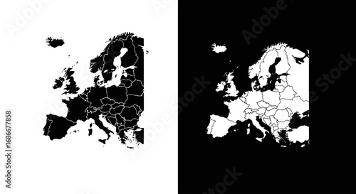 A map of Europe with country borders, an outline icon representing the geography, travel, and politics of the continent.