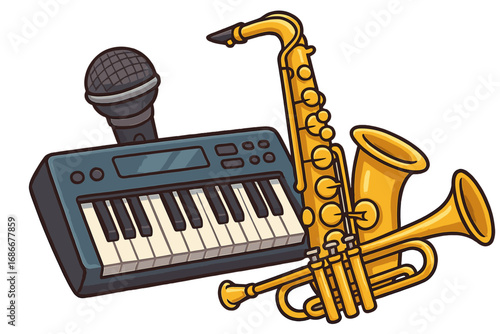 Creative cartoon musical instruments set with microphone, keyboard, saxophone, and trumpet in vibrant vector illustration for music and performance concepts
