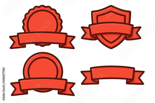 Red badge and ribbon set. Vector collection of blank banners, seals, and shields. Award emblem and label templates for promotion, guarantee, quality, and sale design elements.