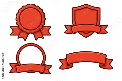 Red badge and ribbon vector set. Collection of blank banners, seals, and shields for promotion, sale, and quality awards. Cartoon graphic illustration for branding design.