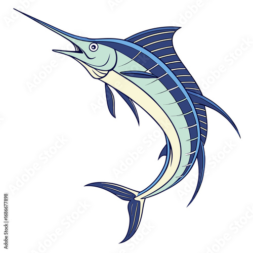 Dynamic illustration of a powerful blue marlin, gracefully swimming with distinctive features, presented as a large marine creature on a clean, white background