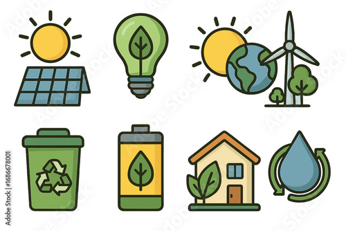 Renewable energy icon set. Green technology and sustainability symbols. Solar panel, wind turbine, recycle bin, eco house, green energy, water conservation vector icons.