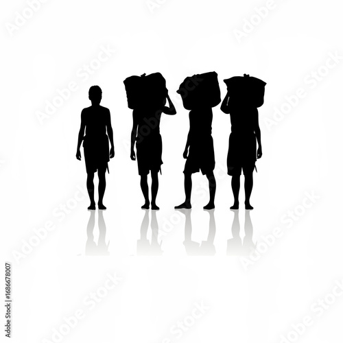 Silhouette of two workers carrying a large tea sack together