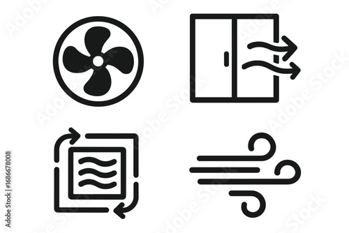 Airflow and ventilation icon set. Simple symbols for fan, window, wind, and air filter. Vector illustration for HVAC, purifier, circulation, and weather concepts. Fresh air.