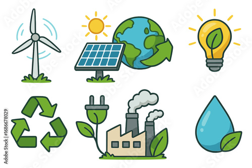 Renewable energy icon set. Green technology symbols. Sustainable power sources like solar panel, wind turbine. Eco friendly concept for conservation, ecology and environment.