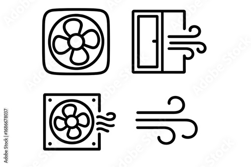 Airflow and ventilation line icon set. Simple vector symbols of fan, open window, wind, and air circulation. Minimalist outline illustration for cooling, hvac, and fresh air concepts.