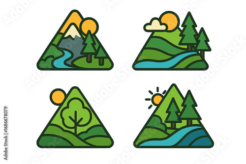 Set of mountain adventure travel logos. Nature landscape emblems for hiking, park, or camp. Vector illustration collection of forest, river, and sun icons in a badge style.