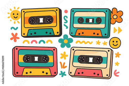 Retro cassette tapes groovy sticker set. Vintage 80s 90s music audio concept. Cartoon y2k doodle pattern with flowers, sun, smiley face. Old school mixtape nostalgia graphic.