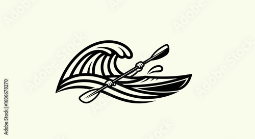 Vintage Kayak Paddle Through Crashing Ocean Wave Illustration.