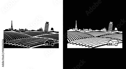 A rural landscape with a farm and the Leaning Tower of Pisa, an icon representing the Tuscany region of Italy.