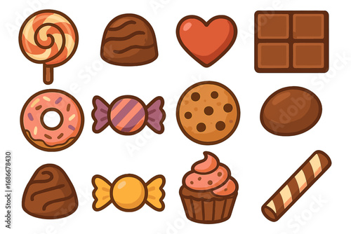 Sweet treats candy icon set. Flat cartoon vector illustration collection. Chocolate, lollipop, donut, cookie, cupcake, praline, wafer stick dessert and confectionery clipart.