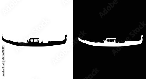 A traditional Venetian gondola, a black and white split icon symbolizing travel to Venice, Italy, and romantic boat rides.