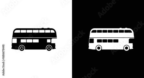 A classic double-decker bus, a black and white icon symbolizing London, England, and public transportation in the UK.