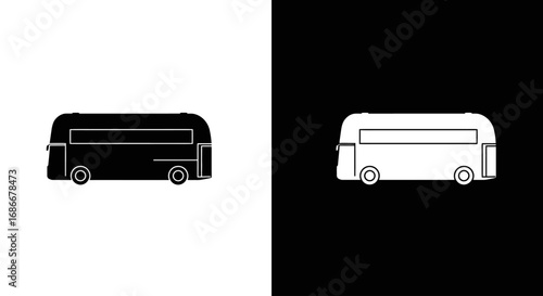 A simple tour bus, a black and white split icon representing city tours, public transport, and group travel.