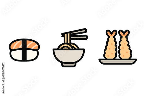 Japanese food icon set with sushi, ramen, and tempura. Linear vector cartoon illustration for Asian cuisine restaurant menu. Isolated graphic elements collection on white background.