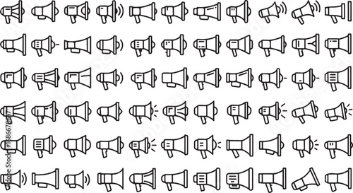 Diverse megaphone icons displayed in a grid pattern communication alert announcement loudspeaker sound symbol vector