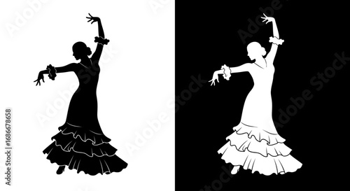 A silhouette of a flamenco dancer, a black and white icon representing Spanish culture, passion, and traditional dance.