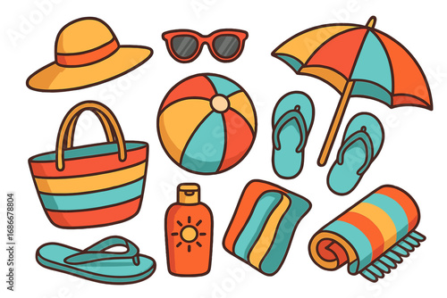Summer vacation essentials colorful beach accessories for sun protection and fun, cartoon vector illustration set with flip-flops, umbrella, ball, towel, hat, and sunscreen