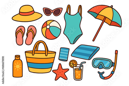 Summer vacation essentials colorful beach accessories for fun and relaxation. Vector cartoon illustration with sunhat, swimsuit, sunglasses, umbrella, snorkeling gear, and tropical drink.