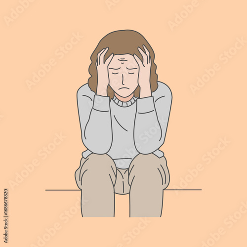 Illustration of a contemplative scene portraying a distressed woman holding her head with both hands