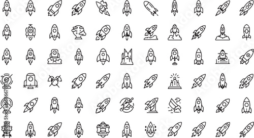 Diverse collection of stylized rocket ship icons and symbols in various shapes and designs vector