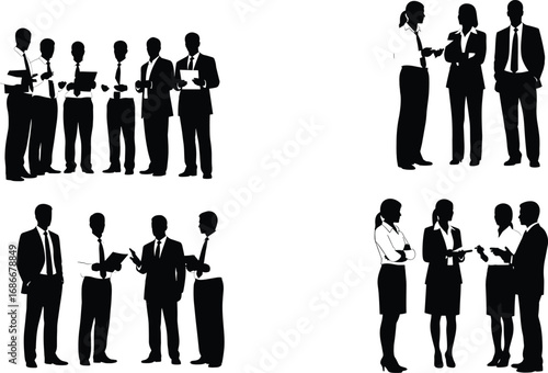 Business people silhouettes in formal attire, group discussion, teamwork, corporate meeting, professional collaboration, communication, office environment vector illustration