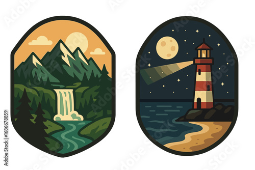 Vector emblem set of outdoor adventure scenes. Mountain waterfall landscape by day and lighthouse on coast by night. Nature travel sticker collection. Hiking and nautical logos.
