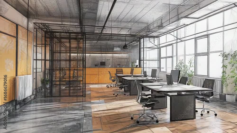 Modern office interior design project sketch with large windows and ...
