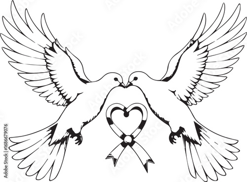 Love's Eternal Embrace: Two doves tenderly entwined, their beaks meeting to form a perfect moment, symbolizing eternal love, unity, and devotion against a timeless symbol of love's sacred bond.