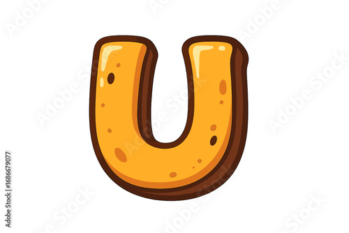 Cheese letter U of an edible alphabet. Cartoon food font for kids. Yummy dairy snack typography design. Cute, bold, yellow 3D lettering for a food menu, branding, or education.