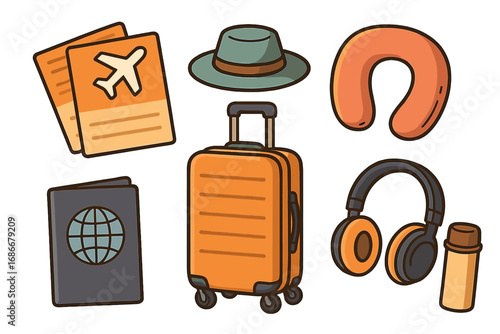 Travel essentials vector icon set. Collection of journey and vacation items. Luggage, passport, flight ticket, neck pillow, and headphones. Tourism and transport concept.