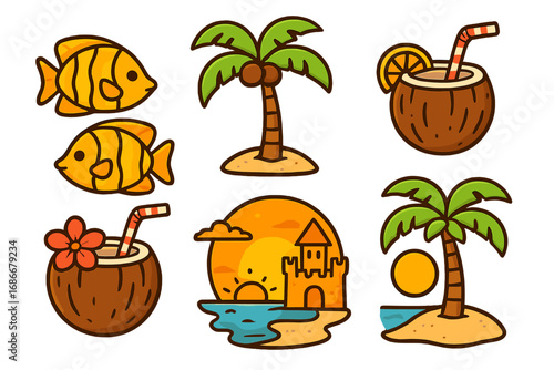 Tropical beach elements vector set with colorful fish, coconut cocktails, sunset over sandcastle, palm trees, and ocean scenery in vibrant cartoon style, transparent background