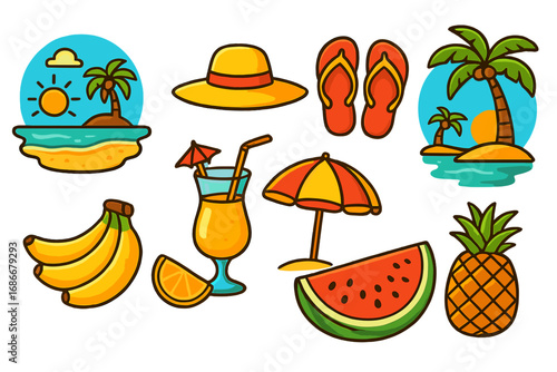 Tropical summer elements with vibrant beach accessories, exotic fruits, palm tree landscapes, refreshing drinks, sandals, and sun hats in colorful vector cartoon style