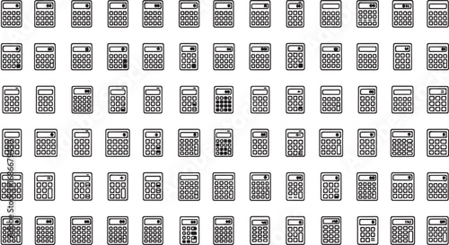Collection of numerous small black and white electronic calculators arranged in rows and columns vector