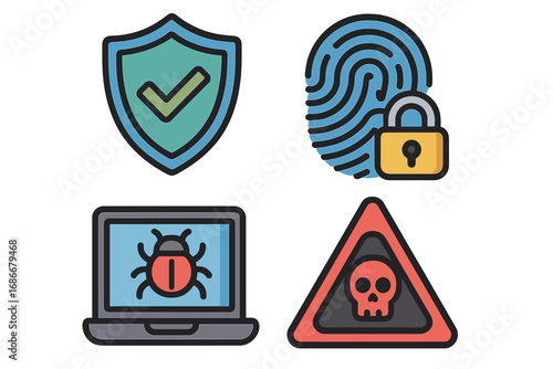 Cyber security icon set. Data protection, fingerprint authentication, malware warning. Antivirus shield, biometric lock, computer virus bug, danger skull sign. Vector concept.
