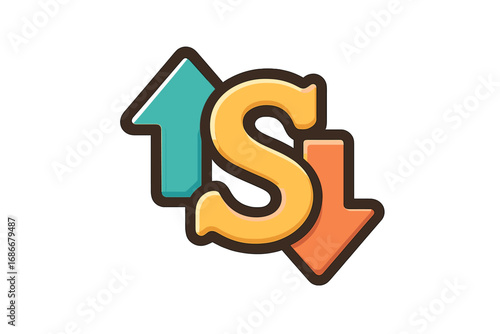 Letter S logo with up and down arrows. Concept of stock market volatility, trading, business success or failure. Financial investment icon. Vector cartoon illustration.
